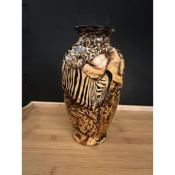 Vintage Animal Safari Patchwork Print Vase Zebra Giraffe Lion - Picture 1 of 7